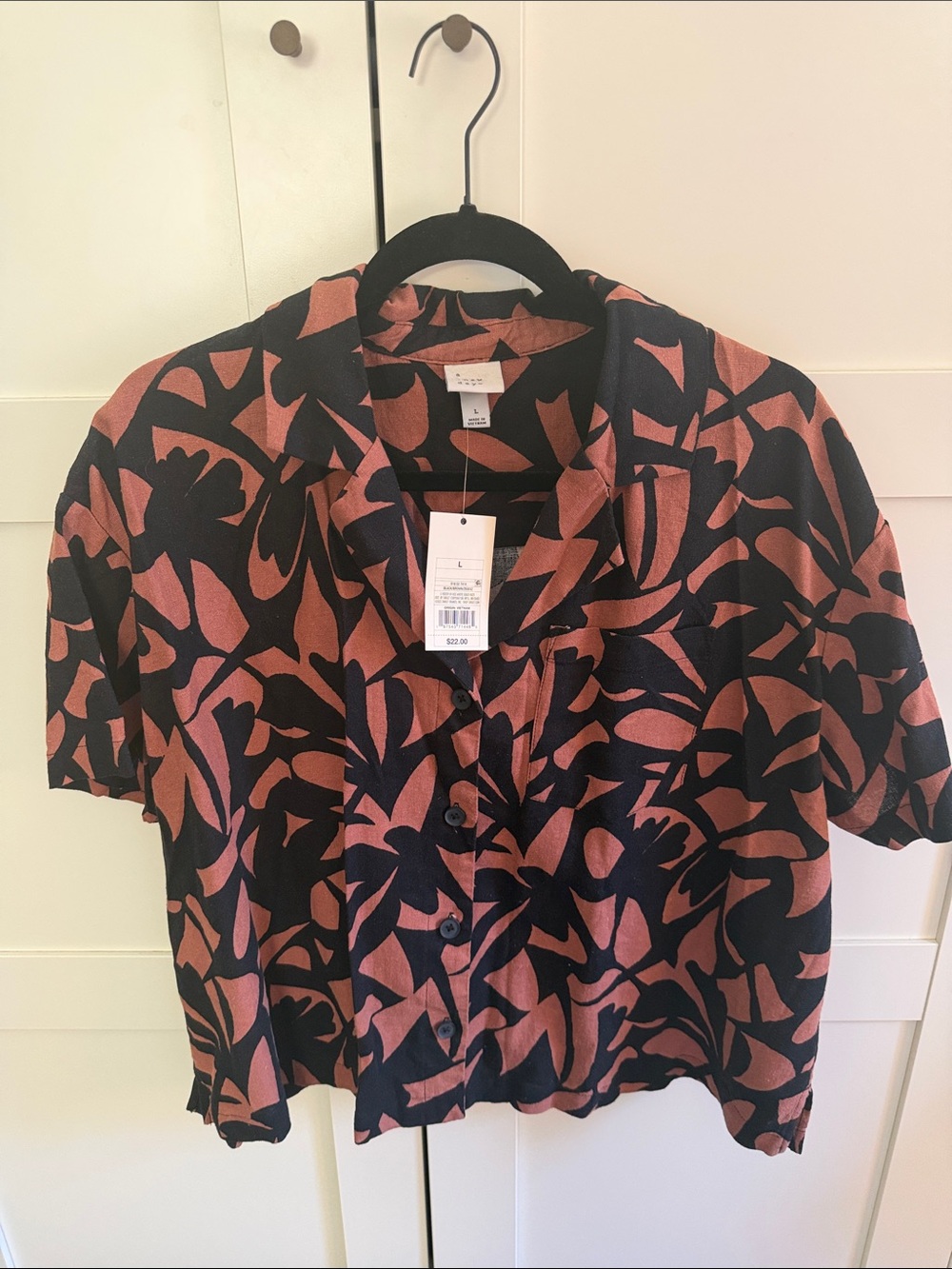 Brown and Black Button-Down Top with Floral Print